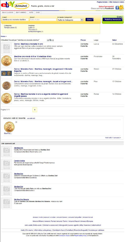 eBay Annunci Adverts Search Result with Stolen Gold Sovereign Photographs